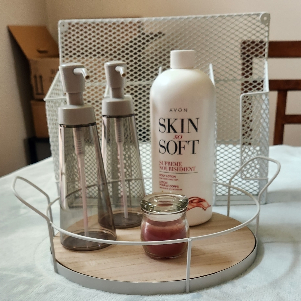 Storage rack, Round Tray,  Soap/Lotion despenser's, Avon candle and  Supreme Lot